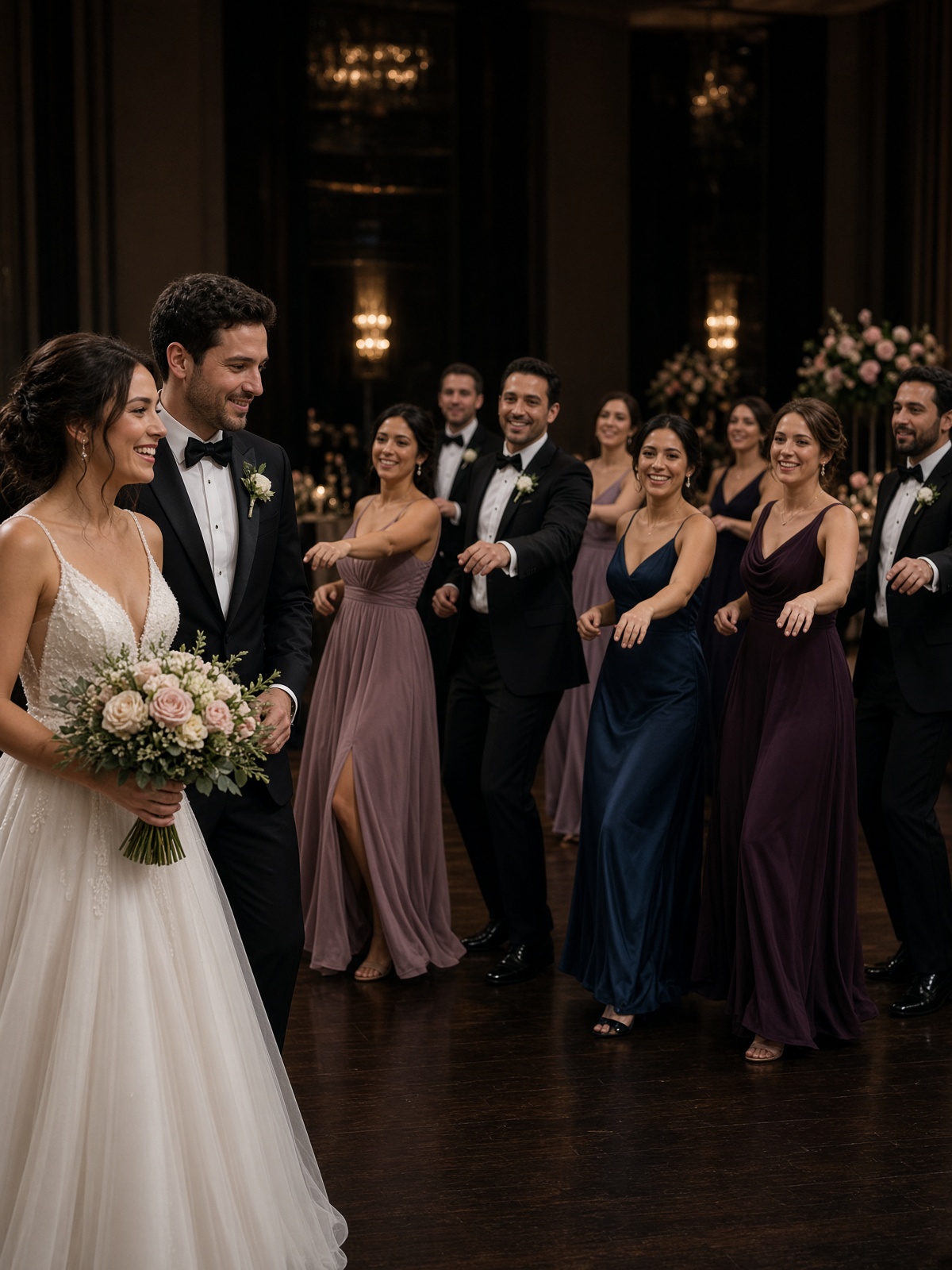 Corte de honor de matrimonio, rostros visibles en el salón